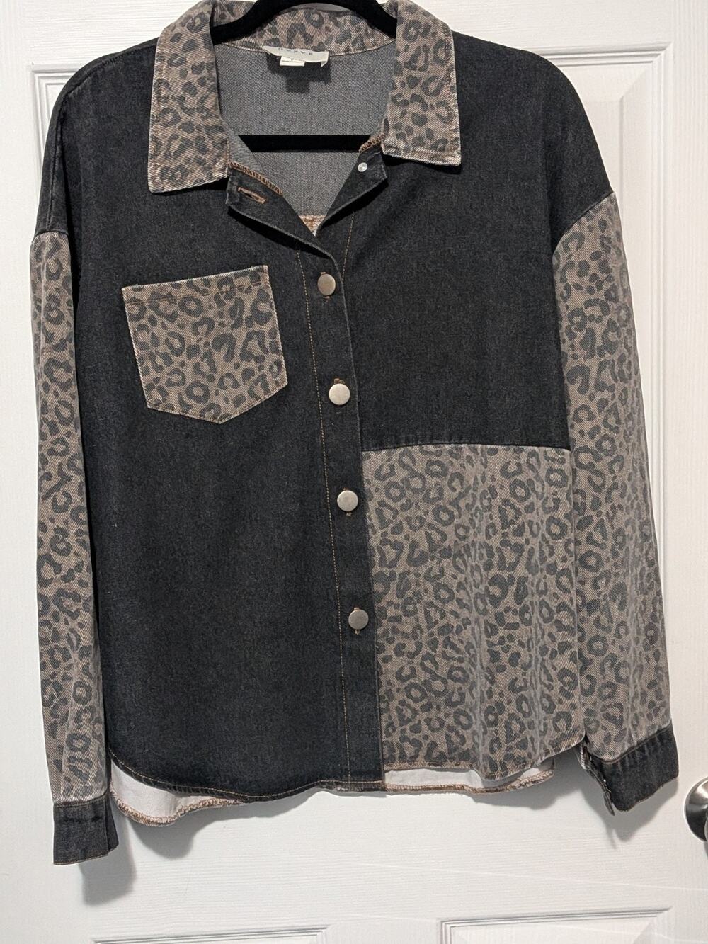 HYFVE Black Denim Leopard Colorblock Patchwork Shacket Size L NWT
